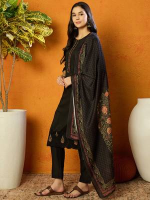 women black silk blend solid embroidered straight kurta trouser with dupatta 1