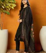 women black silk blend solid embroidered straight kurta trouser with dupatta