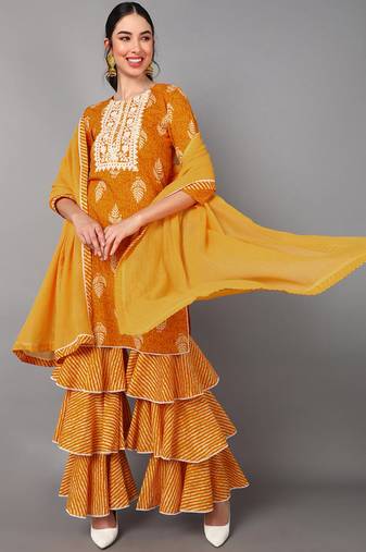 Women yellow embroidered pure cotton  stiched a-line kurta sharara suit set