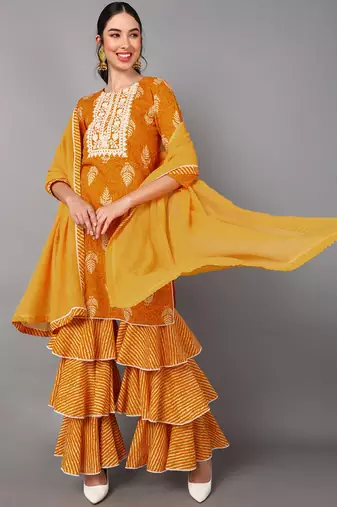 Women yellow embroidered pure cotton  stiched a-line kurta sharara suit set