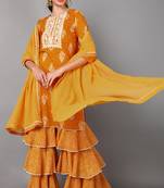 Women yellow embroidered pure cotton  stiched a-line kurta sharara suit set