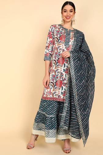 Women white printed pure cotton  stiched straight kurta sharara suit set