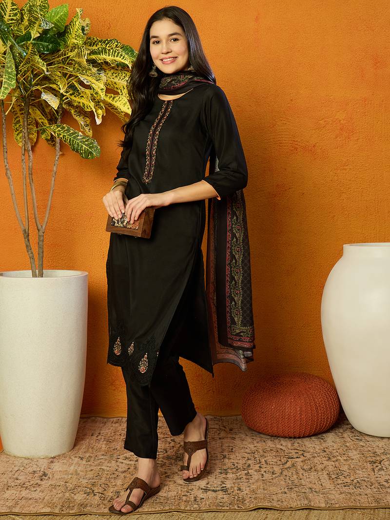 women black silk blend solid embroidered straight kurta trouser with dupatta