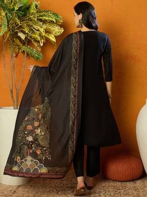 women black silk blend solid embroidered straight kurta trouser with dupatta 4