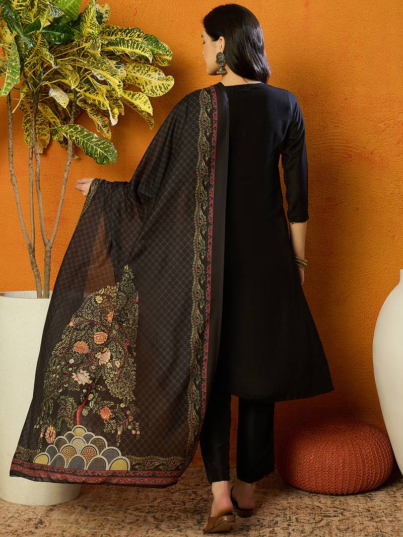 women black silk blend solid embroidered straight kurta trouser with dupatta