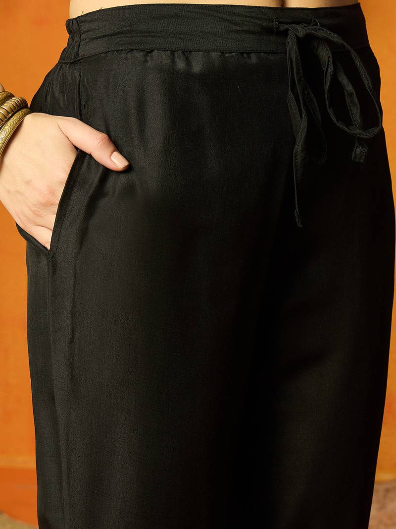women black silk blend solid embroidered straight kurta trouser with dupatta