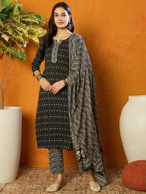 women black rayon blend geometric printed straight kurta trouser with dupatta 1