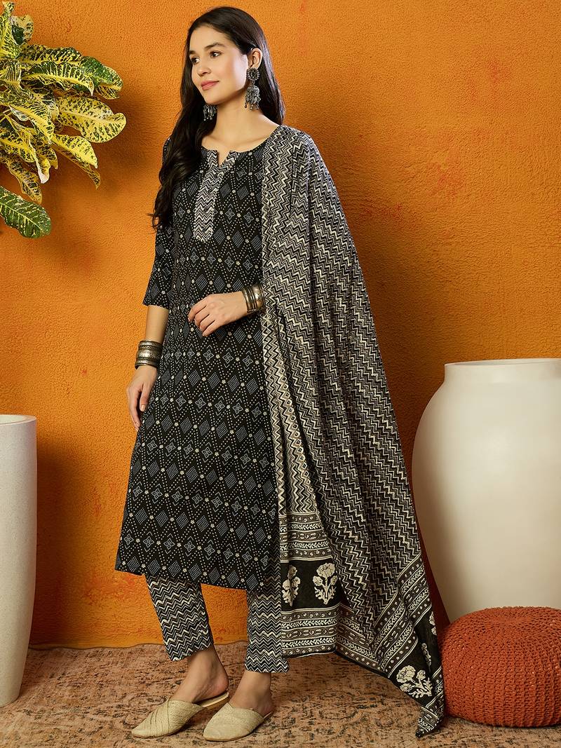 women black rayon blend geometric printed straight kurta trouser with dupatta