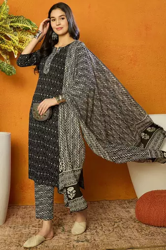women black rayon blend geometric printed straight kurta trouser with dupatta