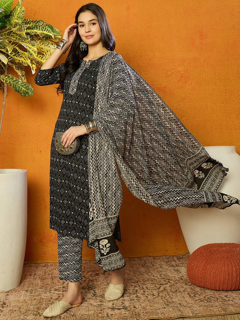women black rayon blend geometric printed straight kurta trouser with dupatta