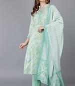 Women green printed poly silk stiched straight kurta trousers suit set