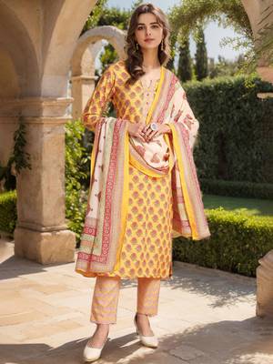 women yellow rayon blend floral printed straight kurta trouser with dupatta 2