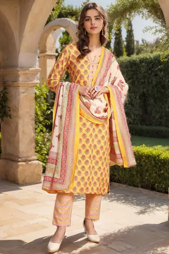 women yellow rayon blend floral printed straight kurta trouser with dupatta