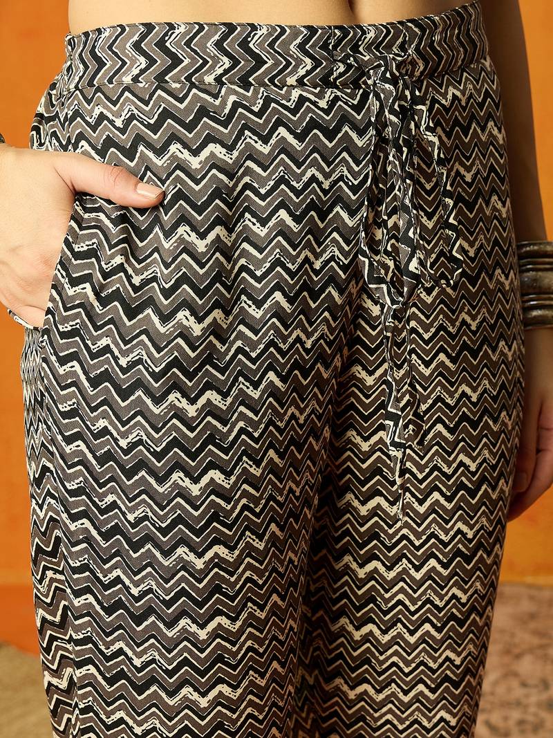 women black rayon blend geometric printed straight kurta trouser with dupatta