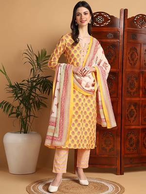 women yellow rayon blend floral printed straight kurta trouser with dupatta 1