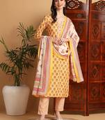 women yellow rayon blend floral printed straight kurta trouser with dupatta