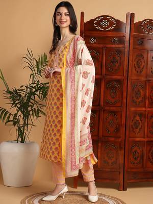 women yellow rayon blend floral printed straight kurta trouser with dupatta 4