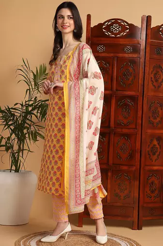 women yellow rayon blend floral printed straight kurta trouser with dupatta