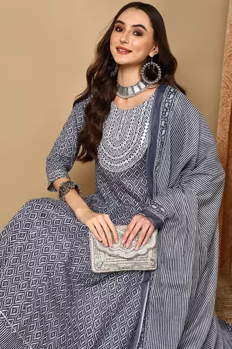 women grey rayon blend geometric printed a-line kurta trouser and dupatta