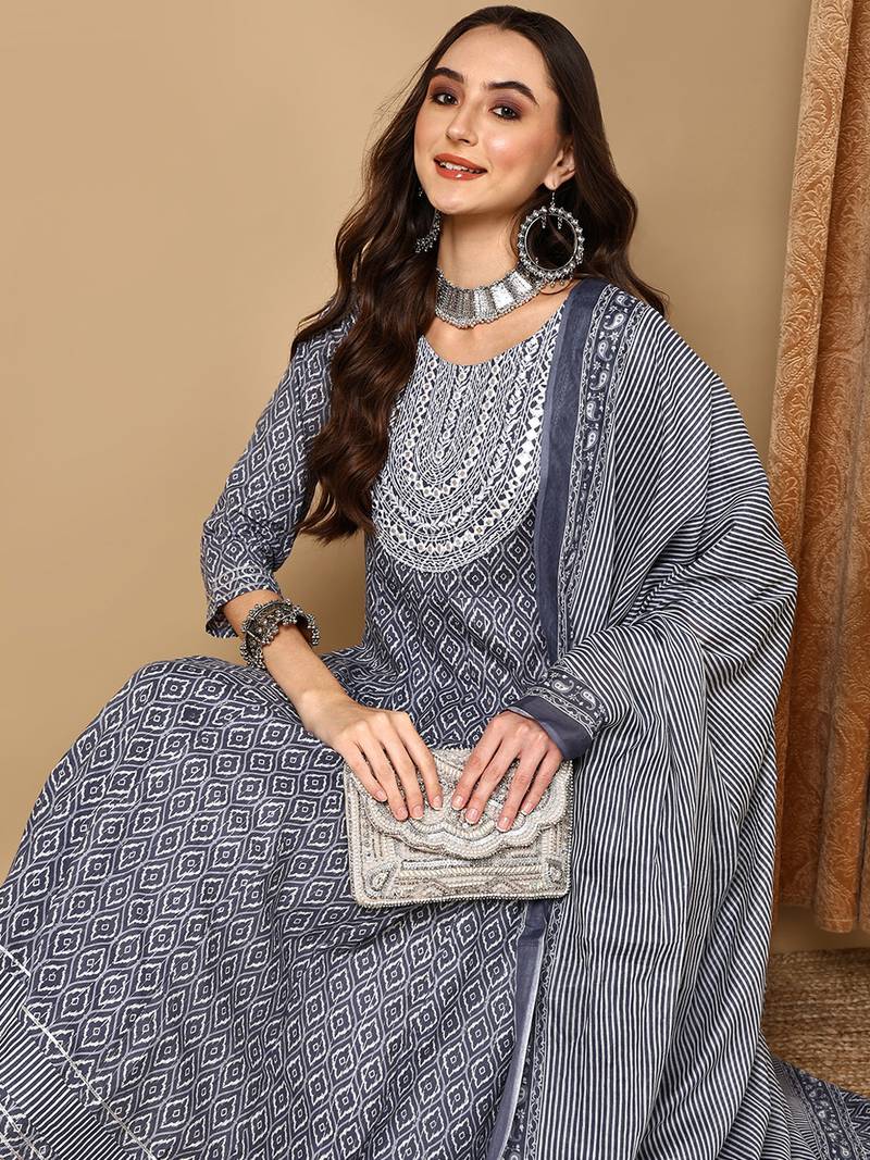 women grey rayon blend geometric printed a-line kurta trouser and dupatta
