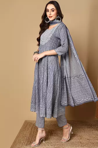 women grey rayon blend geometric printed a-line kurta trouser and dupatta