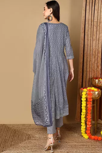 women grey rayon blend geometric printed a-line kurta trouser and dupatta