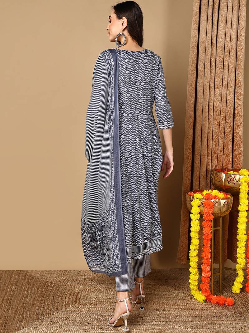 women grey rayon blend geometric printed a-line kurta trouser and dupatta