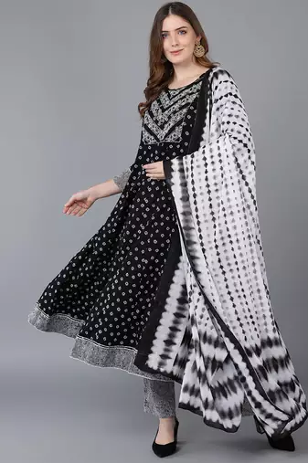 Women black embroidered pure cotton  stiched anarkali kurta trousers suit set