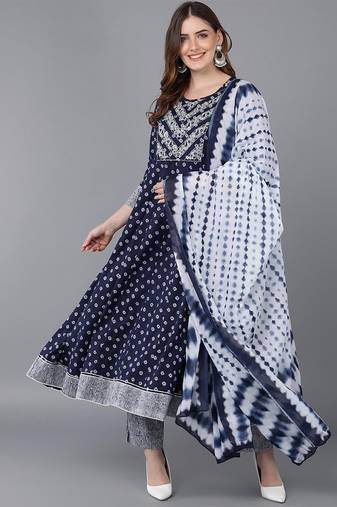 Women blue printed pure cotton  stiched anarkali kurta trousers suit set