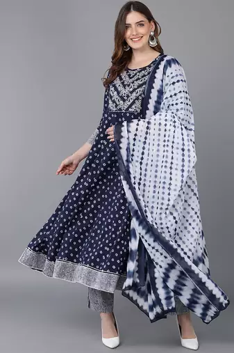 Women blue printed pure cotton  stiched anarkali kurta trousers suit set
