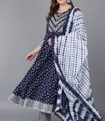 Women blue printed pure cotton  stiched anarkali kurta trousers suit set
