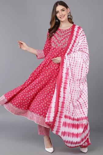 Women pink printed pure cotton  stiched anarkali kurta trousers suit set