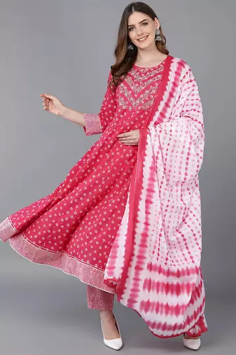 Women pink printed pure cotton  stiched anarkali kurta trousers suit set