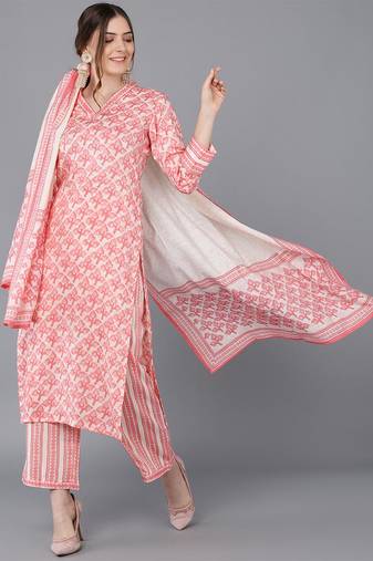 Women pink printed cotton blend stiched straight kurta trousers suit set