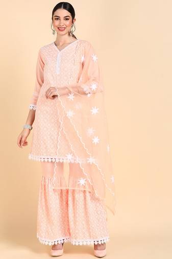 Women pink embroidered poly silk stiched straight kurta sharara suit set