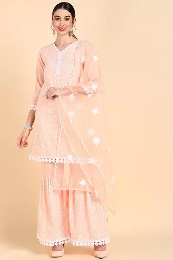 Women pink embroidered poly silk stiched straight kurta sharara suit set