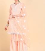 Women pink embroidered poly silk stiched straight kurta sharara suit set
