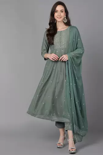 Women green printed poly silk stiched anarkali kurta trousers suit set