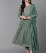 Women green printed poly silk stiched anarkali kurta trousers suit set