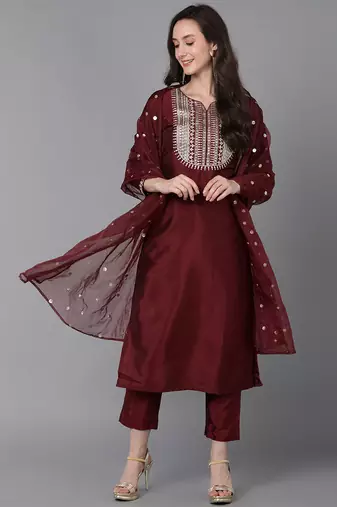 Women red printed poly silk stiched straight kurta trousers suit set
