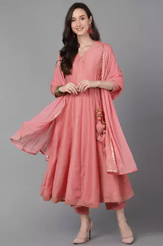 Women pink printed poly silk stiched flared kurta trousers suit set