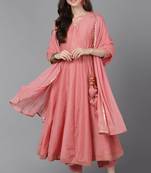 Women pink printed poly silk stiched flared kurta trousers suit set