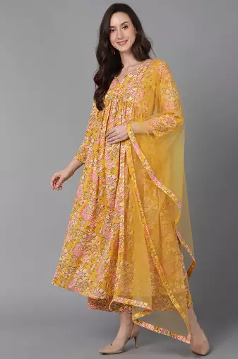 Women yellow printed rayon stiched flared kurta palazzo suit set