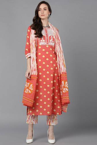 Women orange printed pure cotton  stiched straight kurta trousers suit set