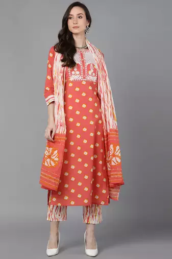 Women orange printed pure cotton  stiched straight kurta trousers suit set