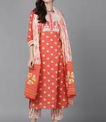 Women orange printed pure cotton  stiched straight kurta trousers suit set