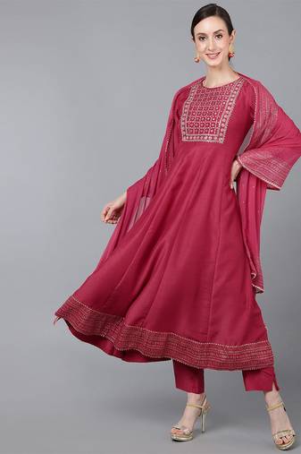 Women red printed poly silk stiched flared kurta trousers suit set