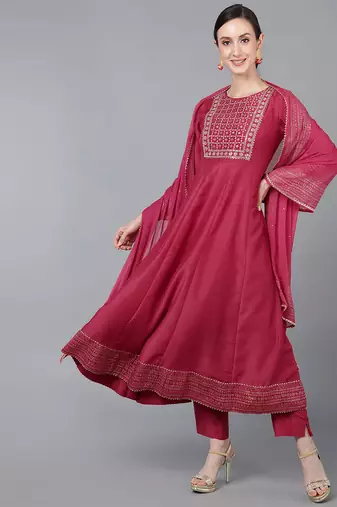 Women red printed poly silk stiched flared kurta trousers suit set
