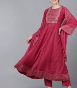 Women red printed poly silk stiched flared kurta trousers suit set