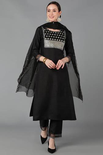 Women black printed poly silk stiched straight kurta trousers suit set